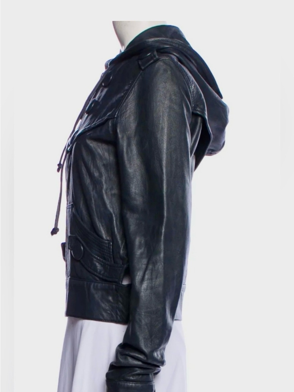 Mike & Chris Ash Blue Leather Hooded Bomber Jacket, Sz L/8 - Picture 4 of 8